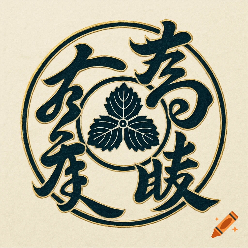 A stylized Japanese crest featuring three dark leaves within a circle, surrounded by elegant dark blue Edo-moji characters with gold outlines on a cream background.