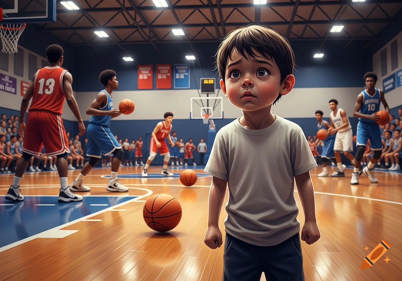 A crying child stands on a basketball court, looking up with tears, while players dribble basketballs in the background.