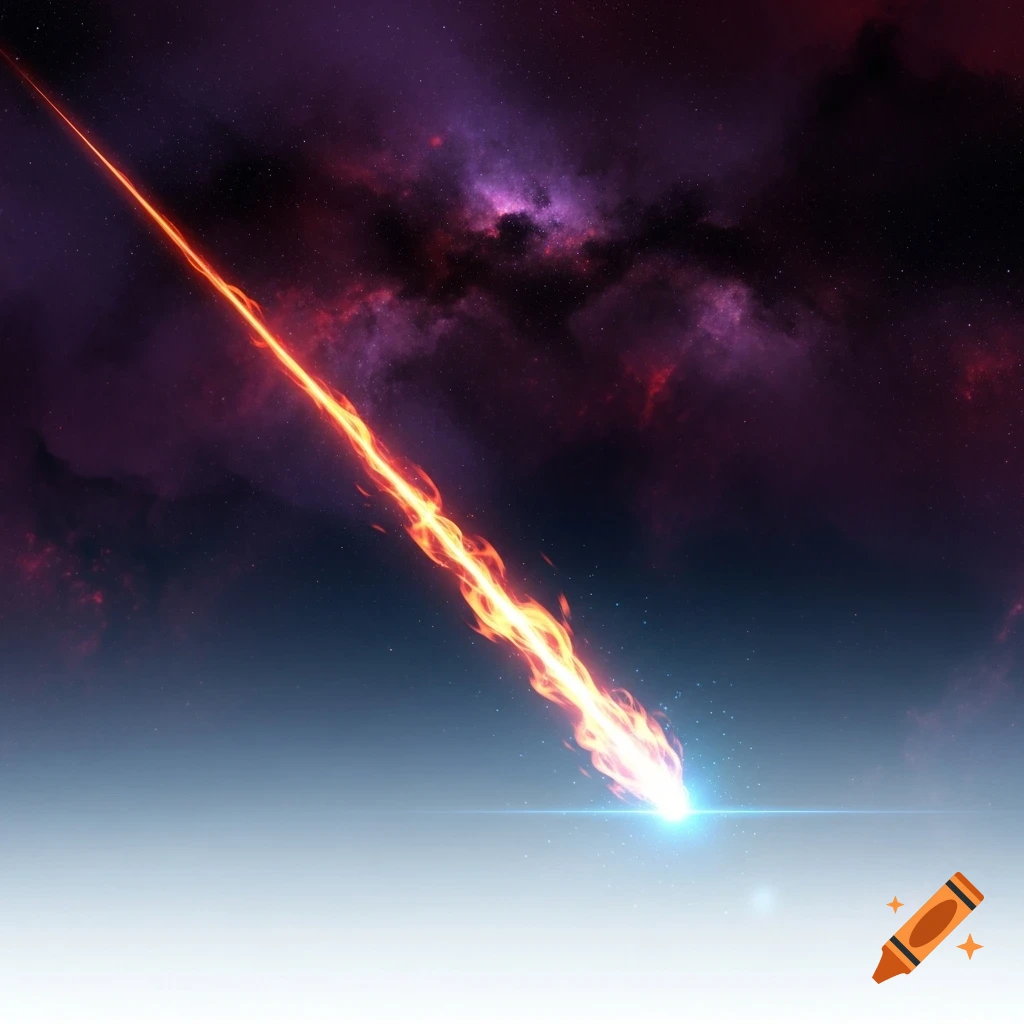 A fiery meteor with a long orange trail descends diagonally from a dark, nebulous sky toward a bright blue light over a pale horizon.