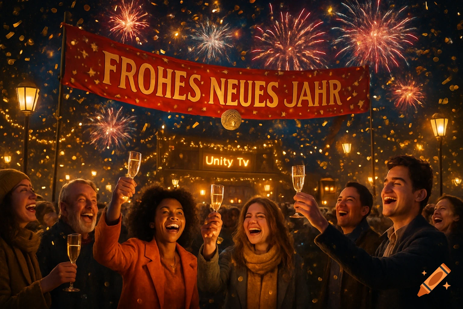 Diverse people cheer and toast with champagne under a 'Frohes Neues Jahr' banner, with fireworks and confetti illuminating the night sky.