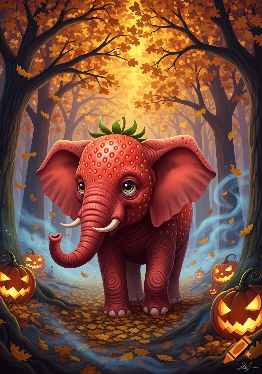 Cartoon strawberry elephant with tusks stands in a vibrant autumn forest with glowing jack-o'-lanterns and falling leaves.