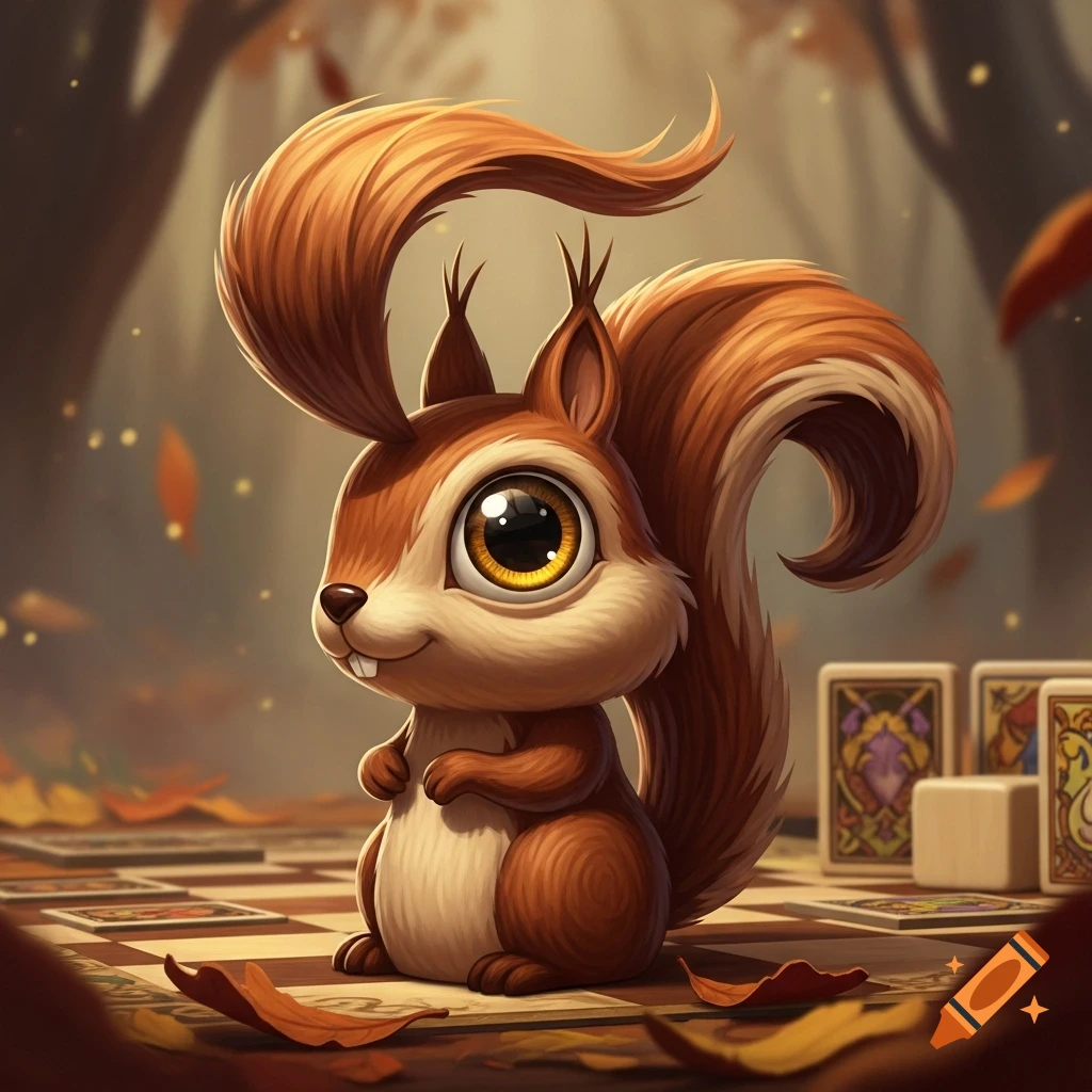 A cute, stylized brown squirrel with big eyes and a fluffy tail sits on a chessboard with game cards in an autumn forest setting.