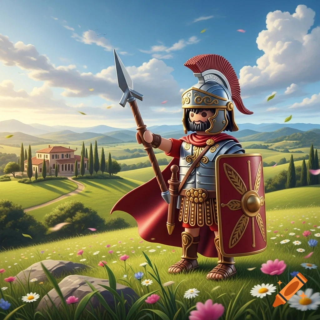 A Playmobil Roman soldier holding a spear and shield in a lush green landscape with wildflowers, a villa, and rolling hills.