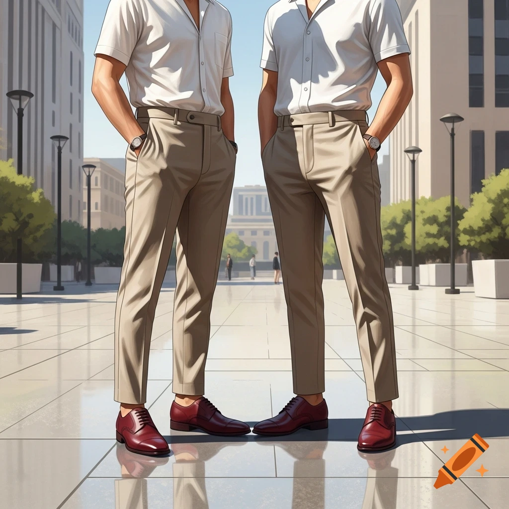 Two men in white short-sleeved shirts, beige pants, and oxblood dress shoes stand on a tiled city plaza.