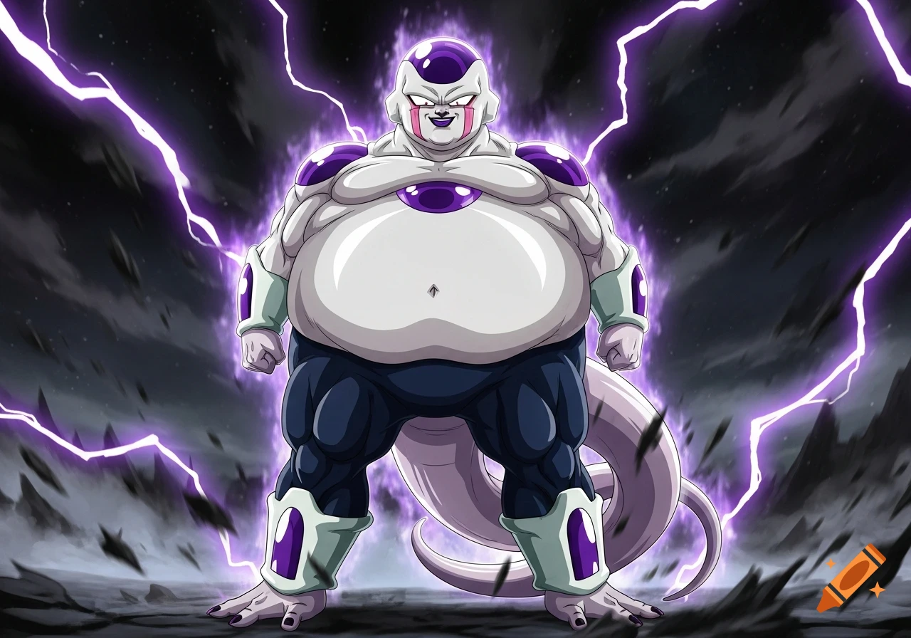 Obese Frieza in Final Form with a large gut, triple chin, and a smug grin, surrounded by purple lightning.