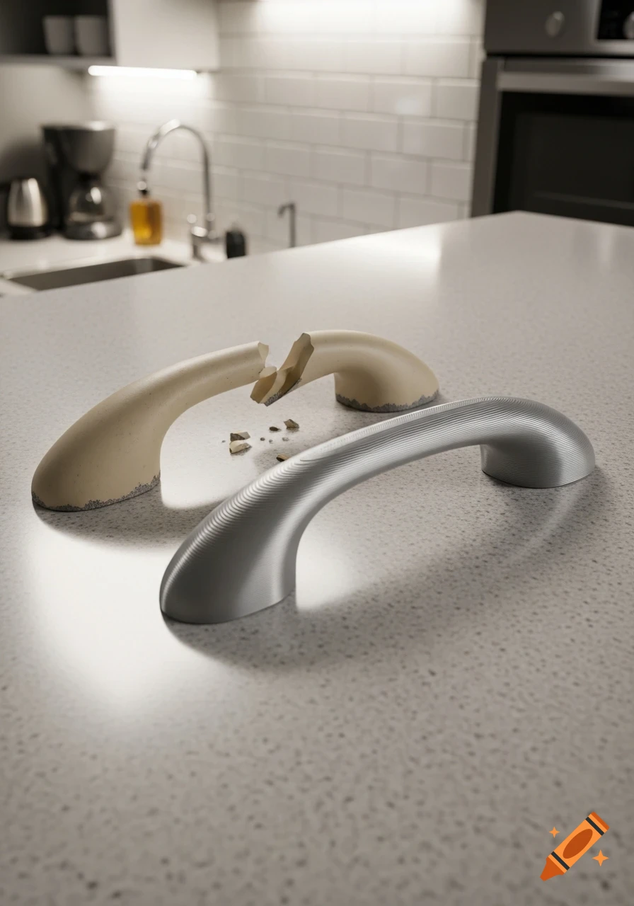 Two cabinet handles on a kitchen counter, one broken beige and one new silver with a ridged texture.