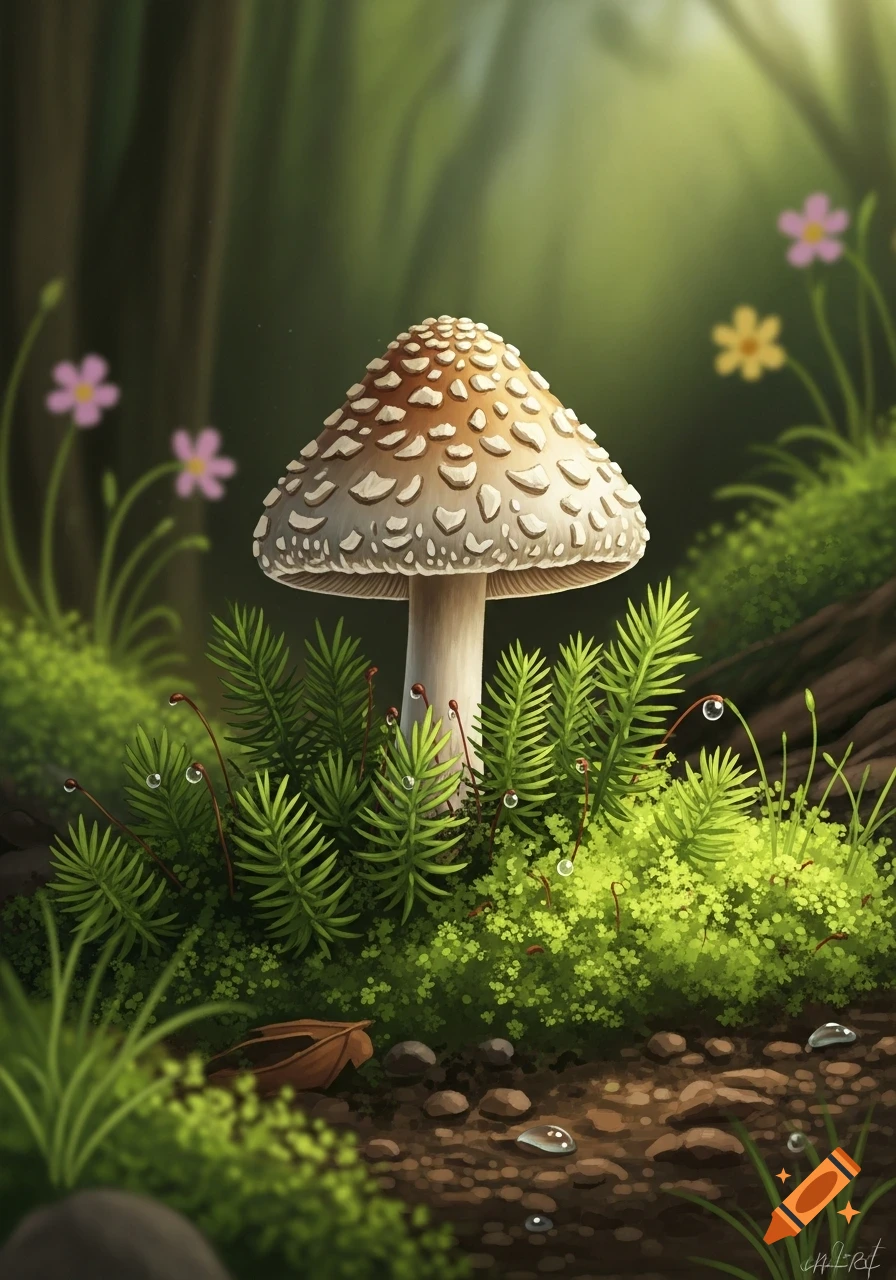 Stylized illustration of a white and brown mushroom among moss, ferns, and water droplets in a sunlit forest.