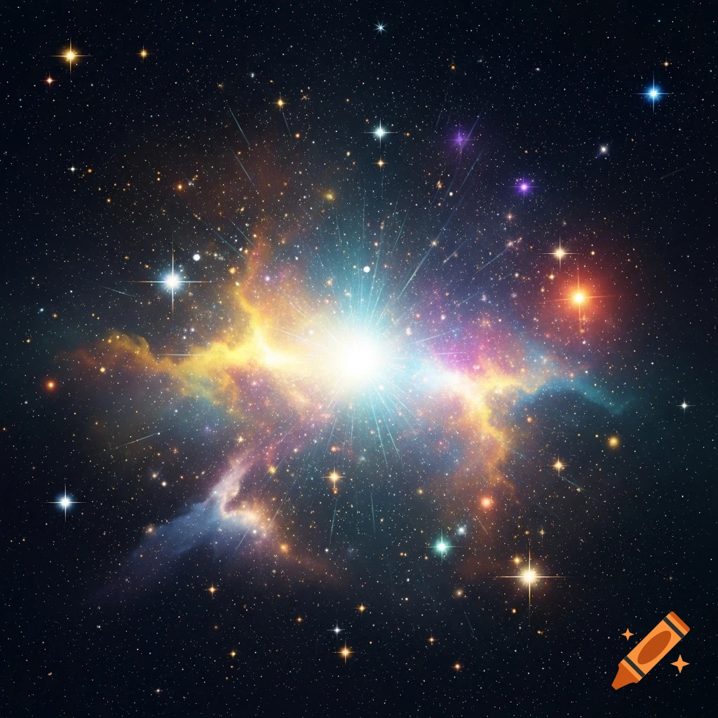 Bright, colorful nebula with a central starburst and numerous shimmering stars in deep space.