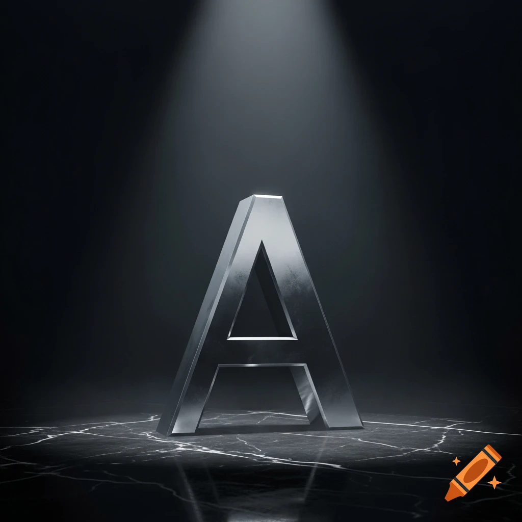 A metallic silver letter A stands under a spotlight on a dark marbled floor.