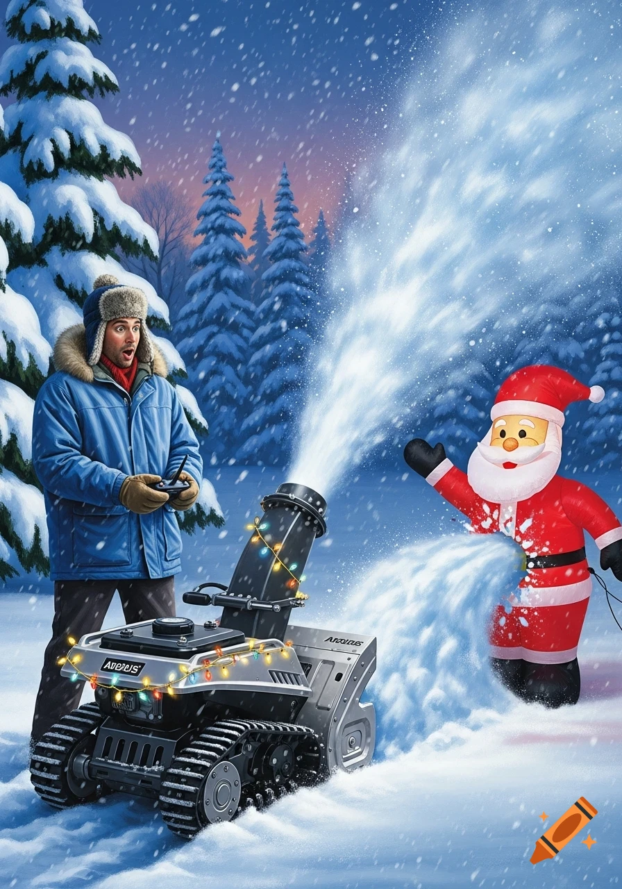 A man with a remote control is shocked as his snowblower destroys an inflatable Santa in a snowy winter scene.