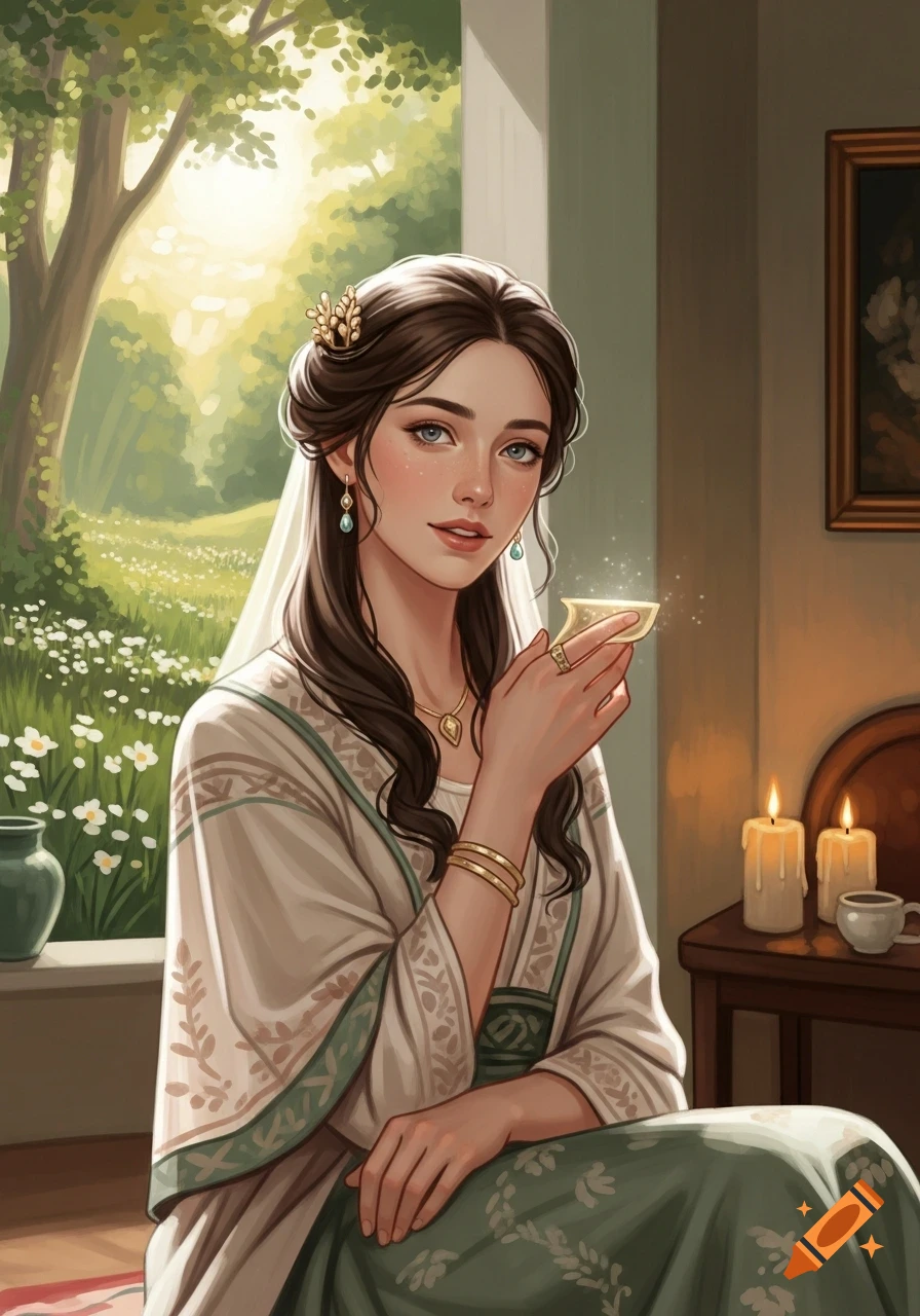 Digital painting of a woman with long dark hair, wearing an elegant dress, holding a small cup. A sunlit garden is visible outside a window, and candles burn on a table nearby.