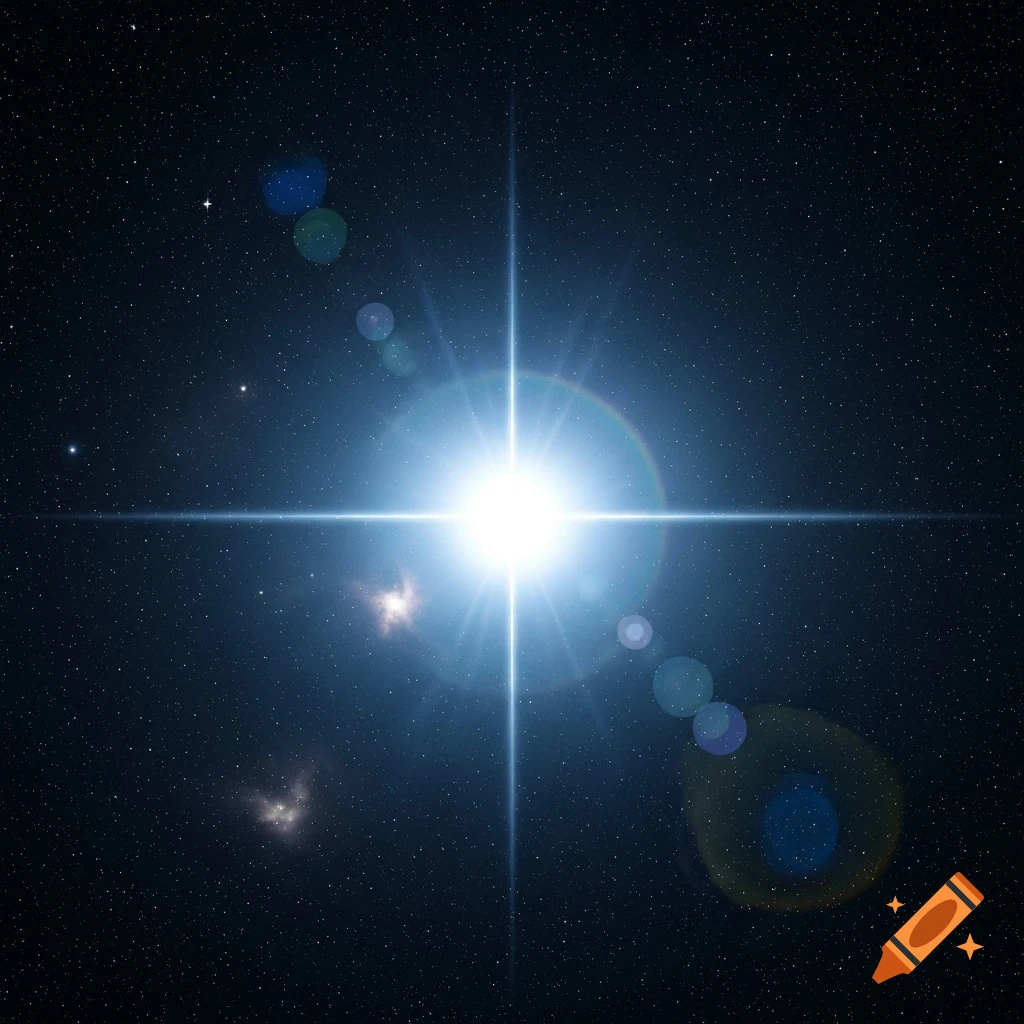 A bright, blue-white star with prominent light rays and lens flares against a dark, star-filled cosmic background.