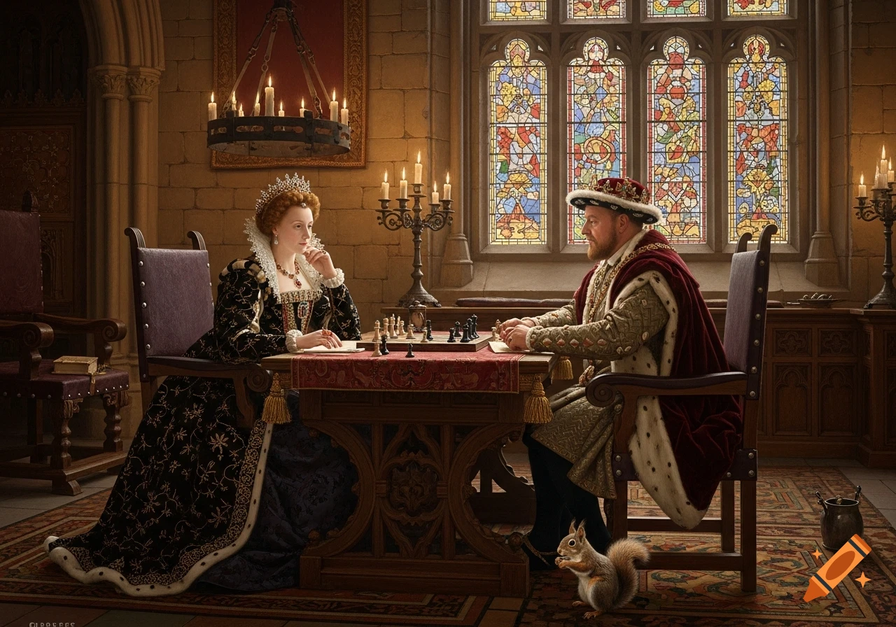 Photorealistic oil painting of Queen Elizabeth I and King Henry VIII playing chess in a candlelit stone room with a stained glass window, a squirrel on the floor.