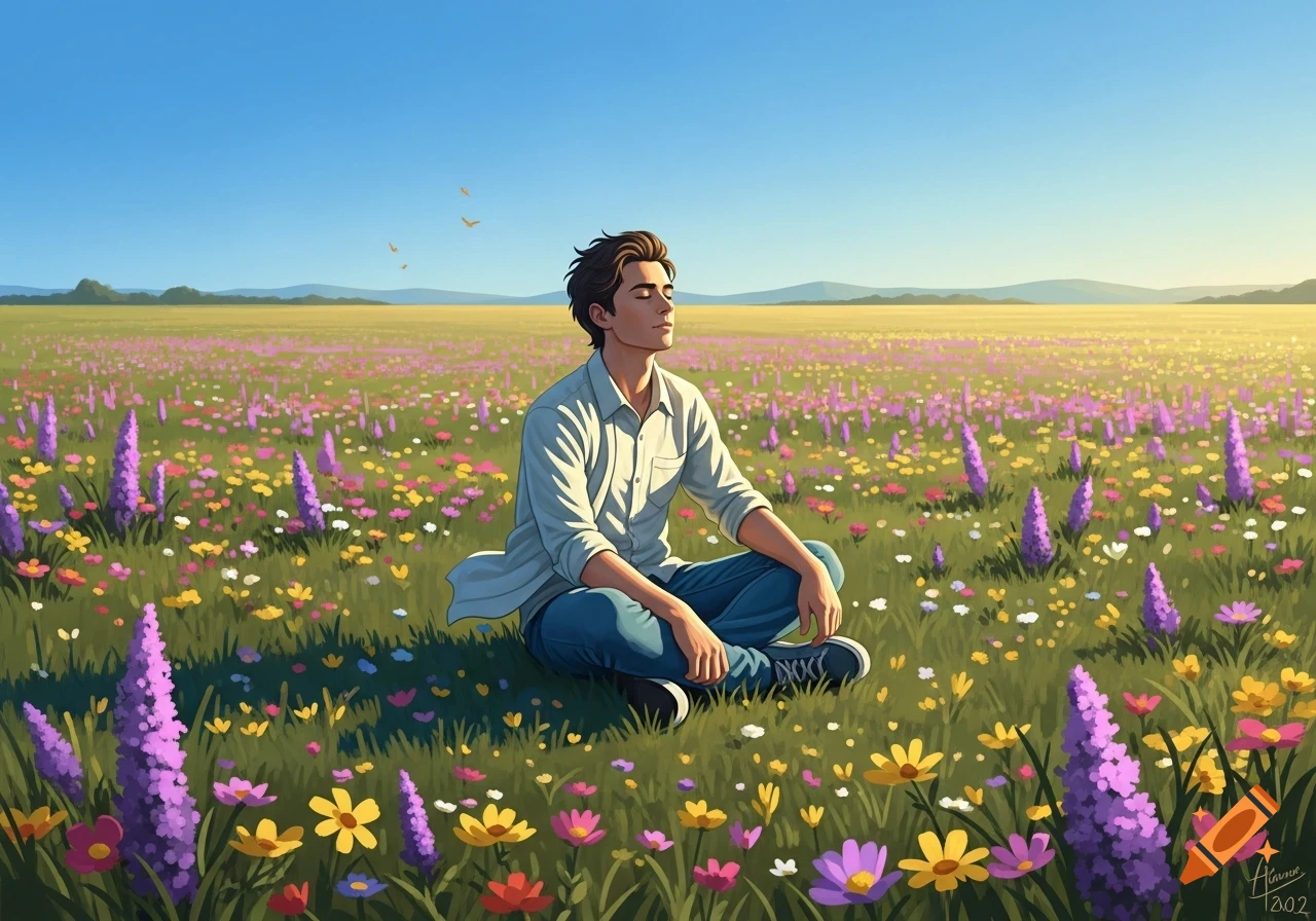 An illustrated young man sits meditating in a vast field of colorful wildflowers under a clear blue sky.