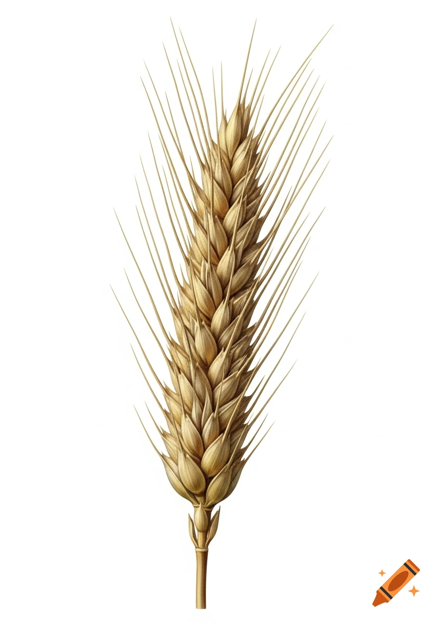 A detailed illustration of a single golden wheat ear with many awns on a white background.