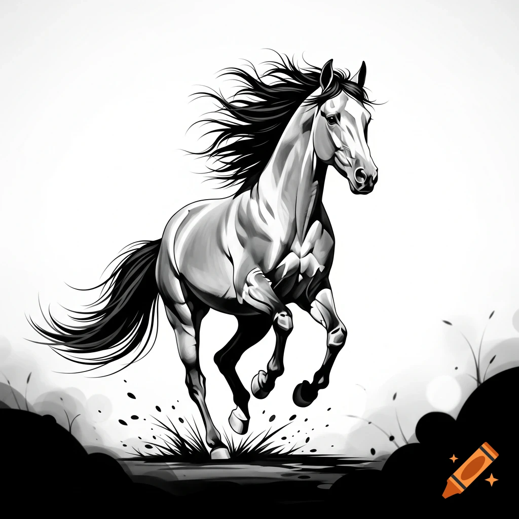 Stylized black and white illustration of a powerful horse galloping with its mane and tail flowing, kicking up dirt.