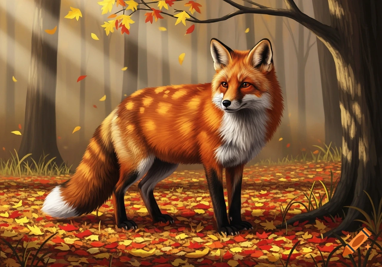 A stylized illustration of a red fox with white and black fur standing ...