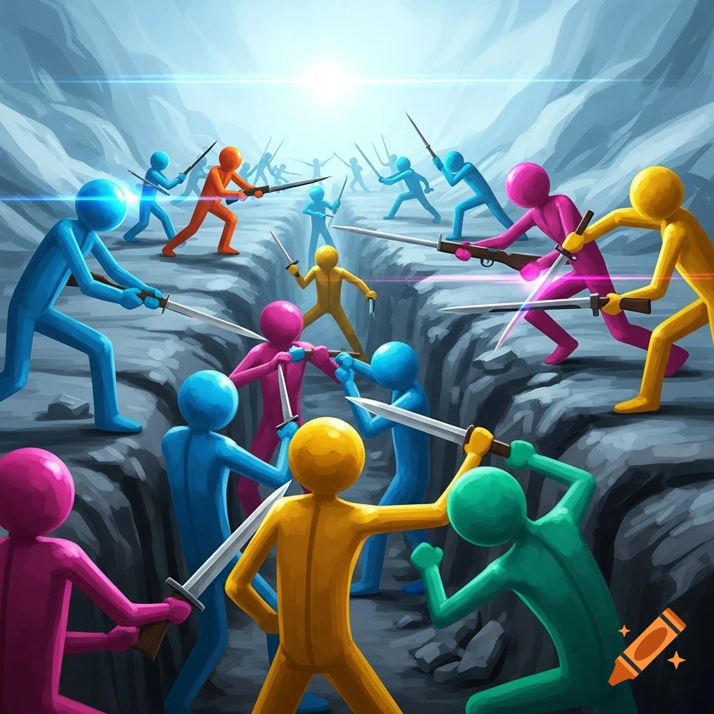 Colorful stick figures engage in stylized hand-to-hand combat with swords and firearms in a rocky trench.