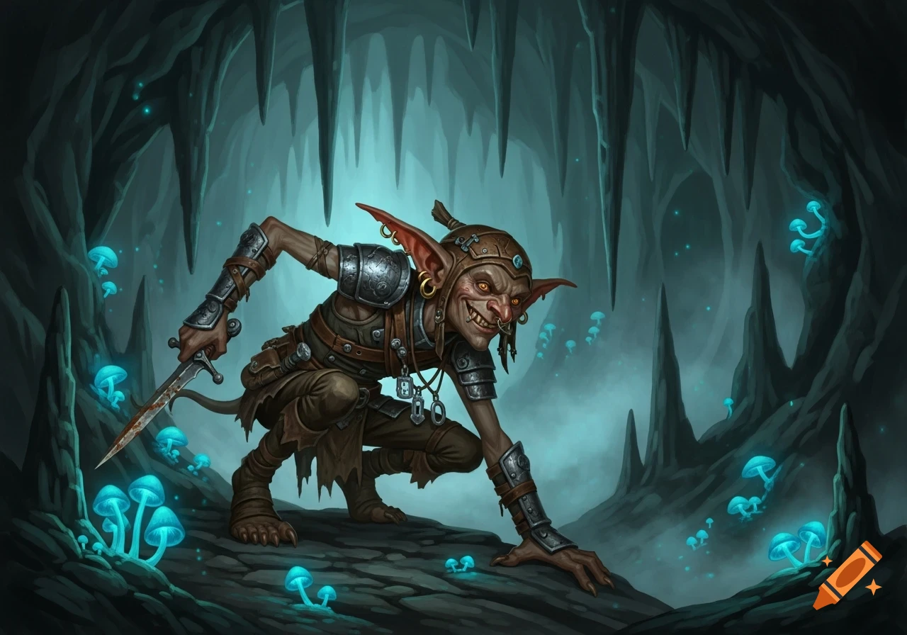 A stealthy D&D goblin with a dagger crouches in a dark, glowing mushroom-filled cave.
