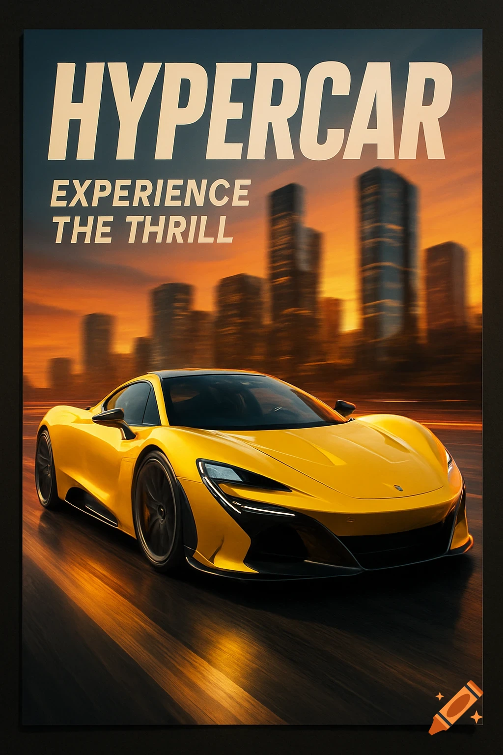 A vibrant yellow hypercar drives on a road with a motion-blurred city skyline at sunset. Text reads 'HYPERCAR EXPERIENCE THE THRILL'.