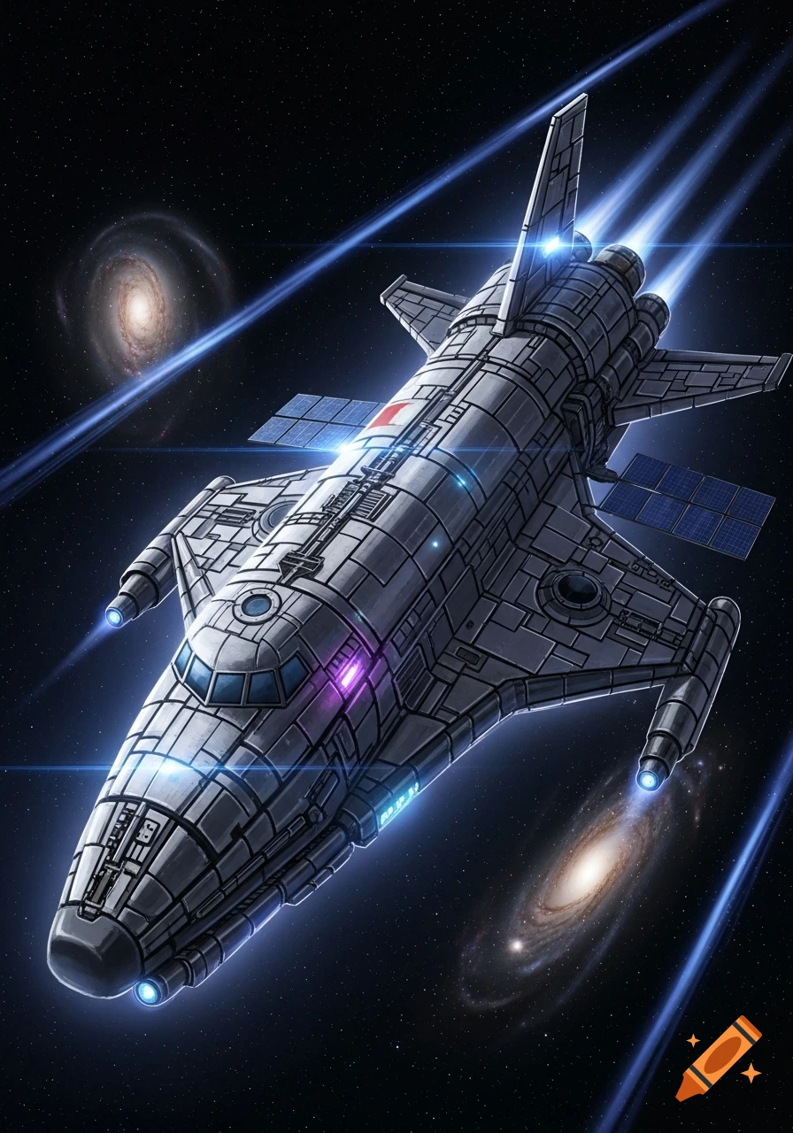 A detailed futuristic spaceship with solar panels, a red insignia, and glowing blue engine trails flies through deep space past two spiral galaxies.