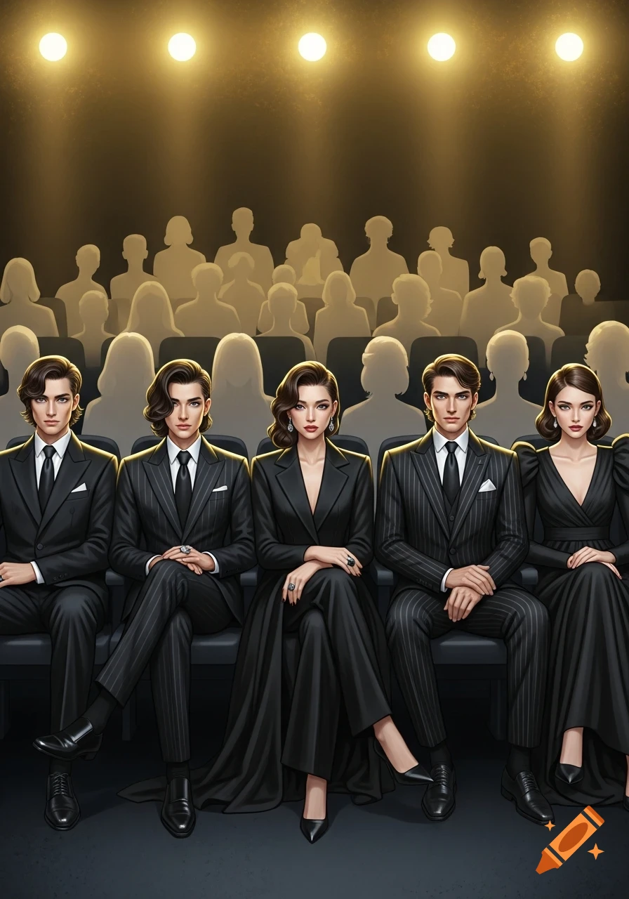 Five stylish people in black formal attire sit in a theater's front row, facing a stage with a silhouetted audience behind them.