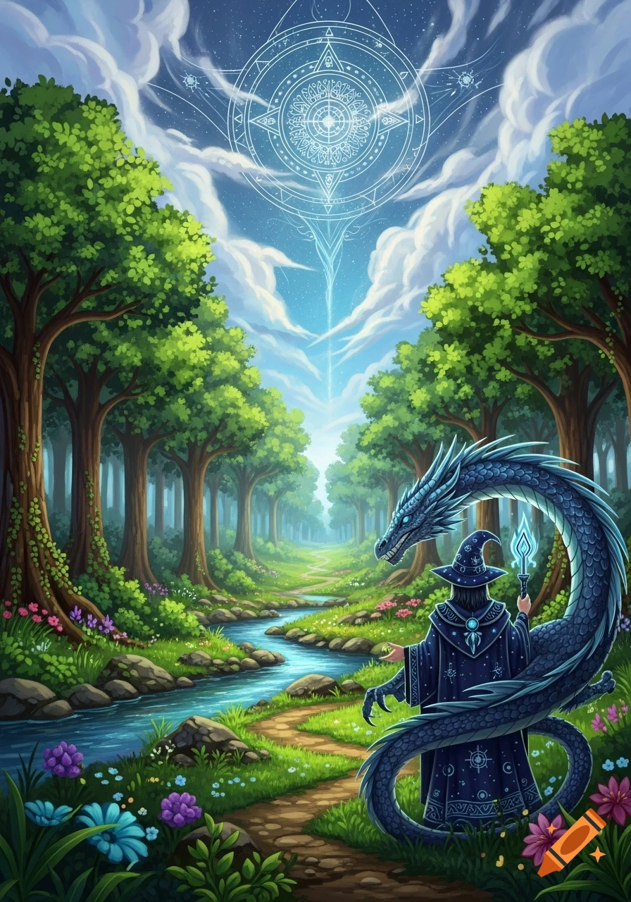 An illustrative painting of a wizard and a blue dragon in a magical forest with a stream and glowing arcane symbols in the sky.
