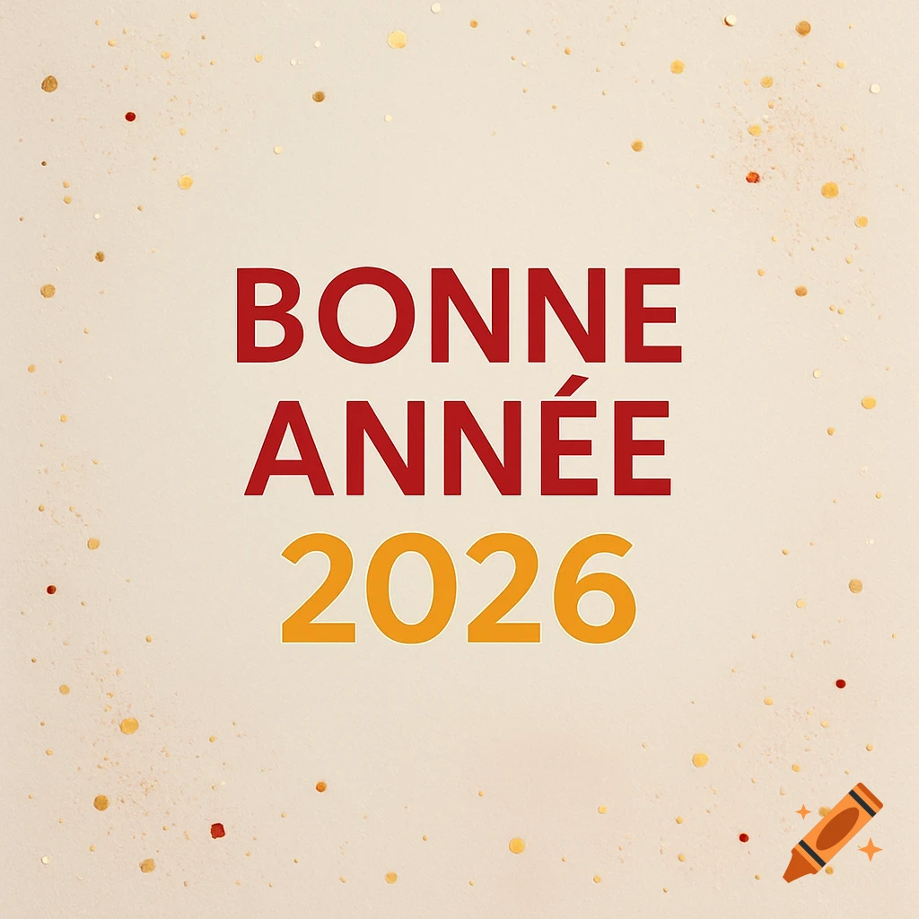 Graphic card with 'BONNE ANNÉE 2026' in red and orange text, on a light background with subtle gold and red confetti.