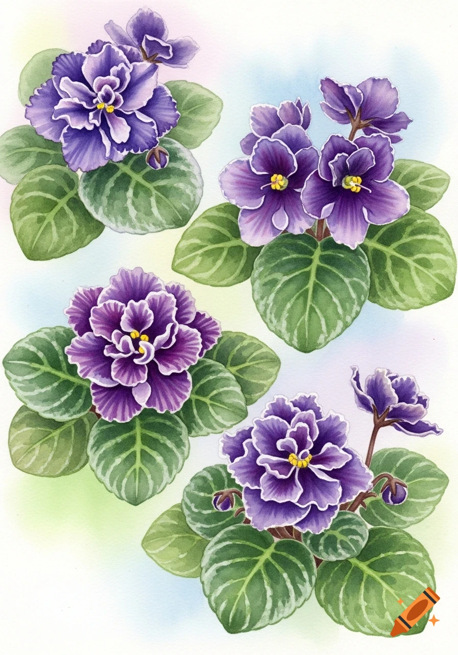 Watercolor painting of four clusters of purple African violets with green leaves on a light background.