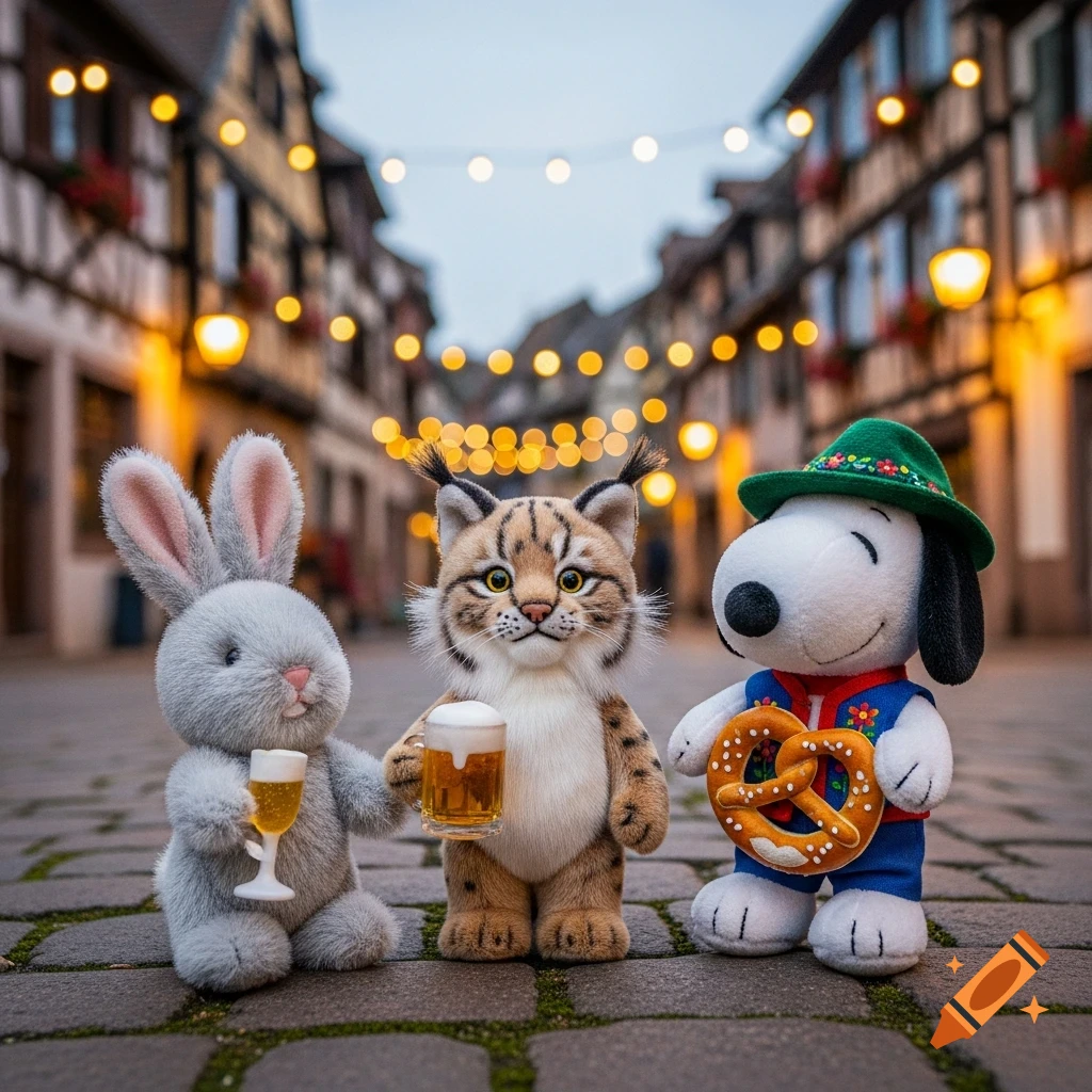 Photorealistic image of a rabbit, lynx, and Snoopy plush toys holding drinks and a pretzel on a cobblestone street in an illuminated village.