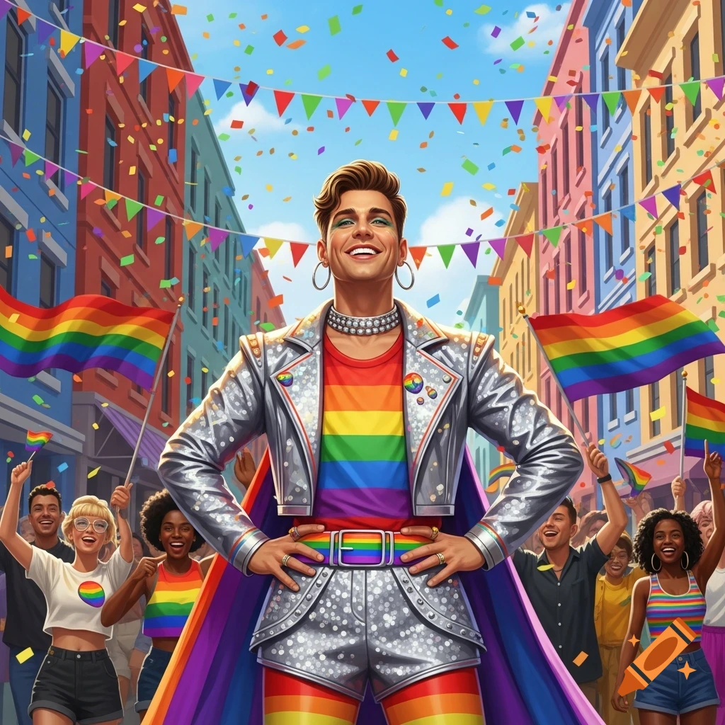 A person in a shimmering silver outfit and rainbow shirt poses confidently at a vibrant Pride parade with a joyful crowd, flags, and confetti.