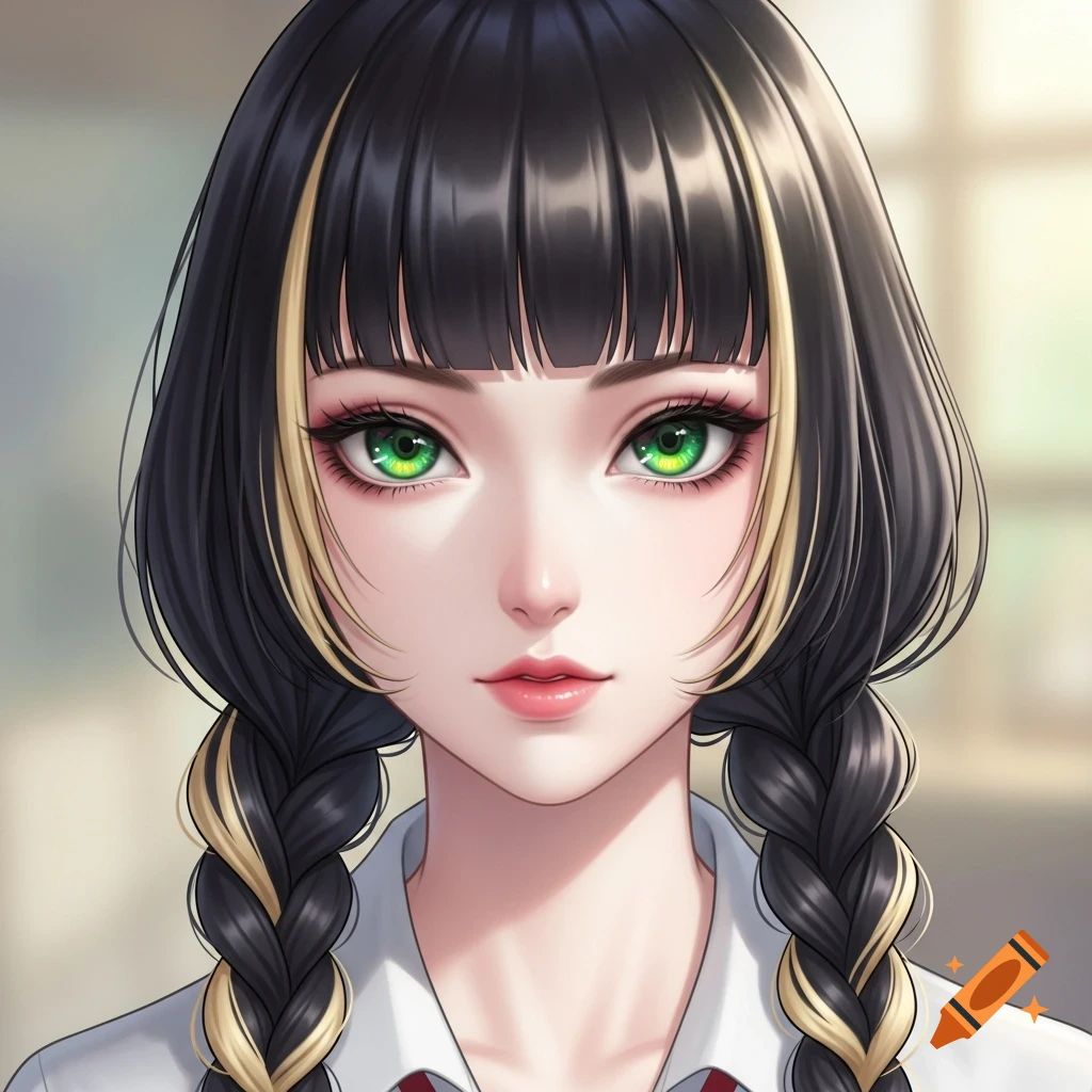 Close-up portrait of an anime girl with black hair, blonde face-framing highlights, double braids, and striking green eyes.