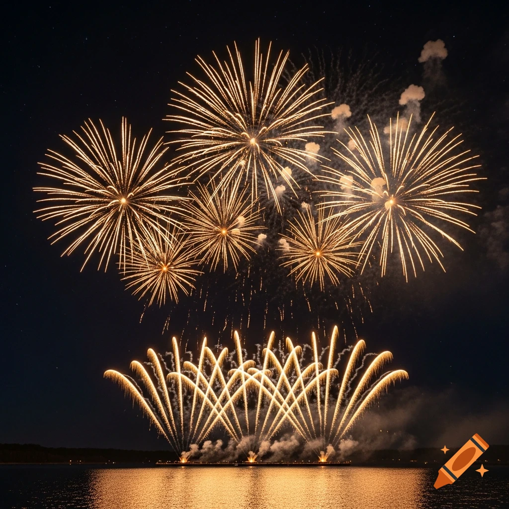 Golden fireworks explode in the night sky, reflecting brightly on the water below with an arc of low-level pyrotechnics.