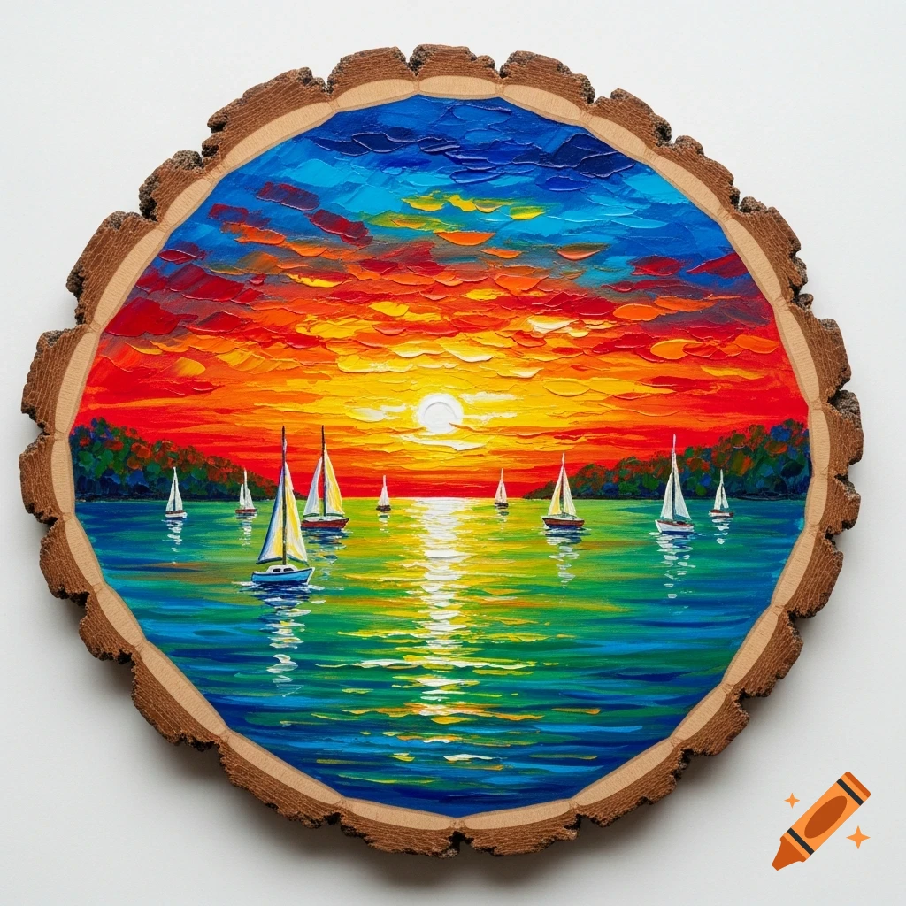 Vibrant impasto painting of sailboats at sunset on a colorful sea, framed by a rustic wooden slice.