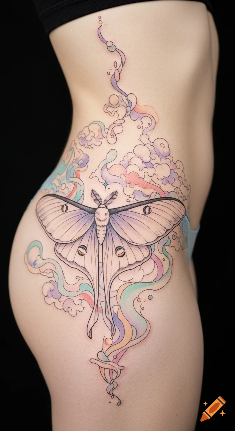 A colorful fine line tattoo of a luna moth surrounded by pastel clouds and flowing lines on a person's hip and side.