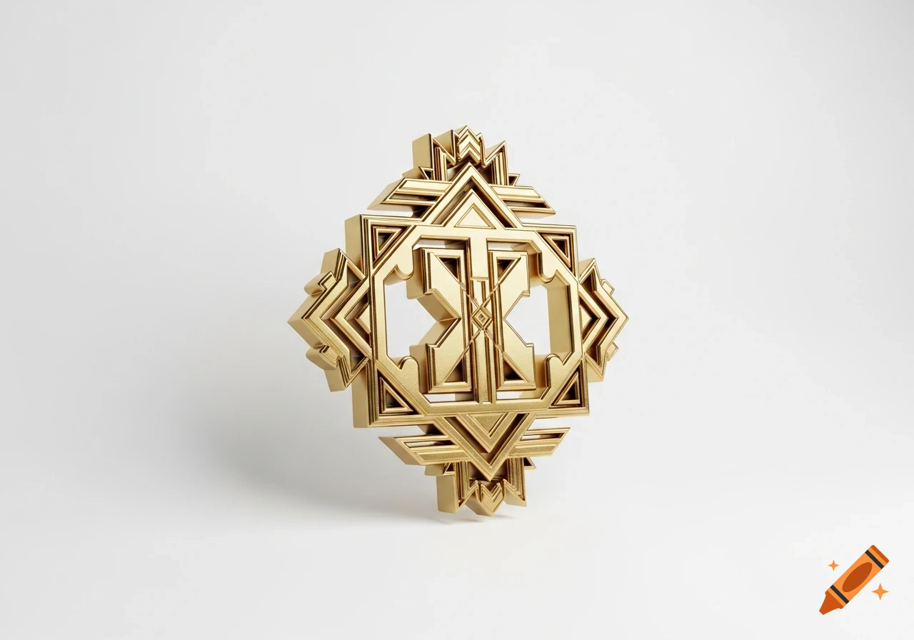 Golden 3D geometric emblem with intricate patterns, casting a subtle shadow on a white background.