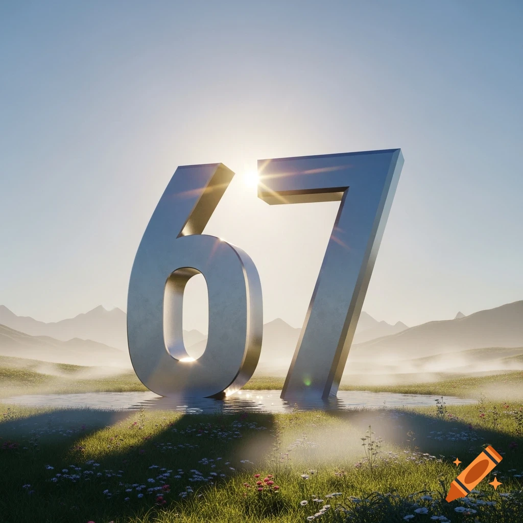 Large metallic numbers '67' standing in a misty, sunny landscape with mountains and grass, partly submerged in water.