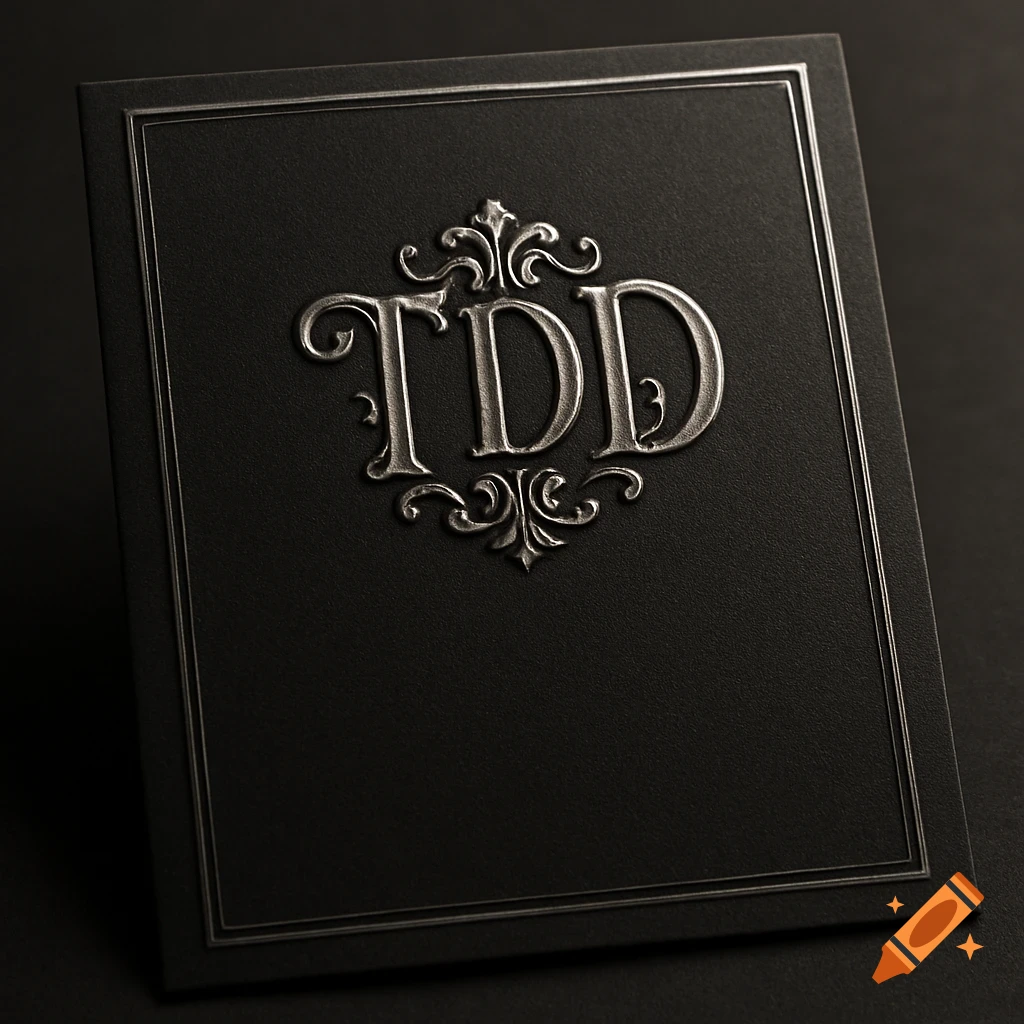 Elegant black invitation card with a prominent silver ornate 'TDD' monogram and a thin dark silver border.