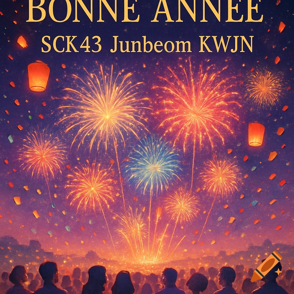 A crowd watches colorful fireworks and sky lanterns light up a night sky, with 'BONNE ANNEE' text.