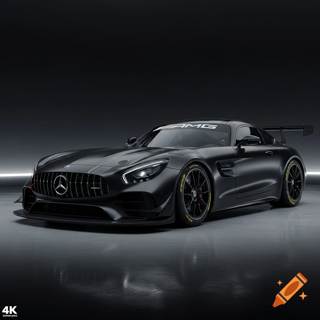 A matte black Mercedes-AMG GT4 race car in a dimly lit studio, showcasing its aggressive aerodynamic features and racing slicks.