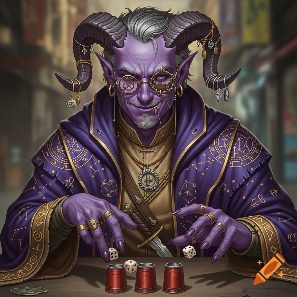 A detailed illustration of a purple-skinned tiefling with horns adorned with jewelry, wearing a purple robe with astrological symbols, handling dice and cups for a shell game with a sly smile. Photorealistic style.