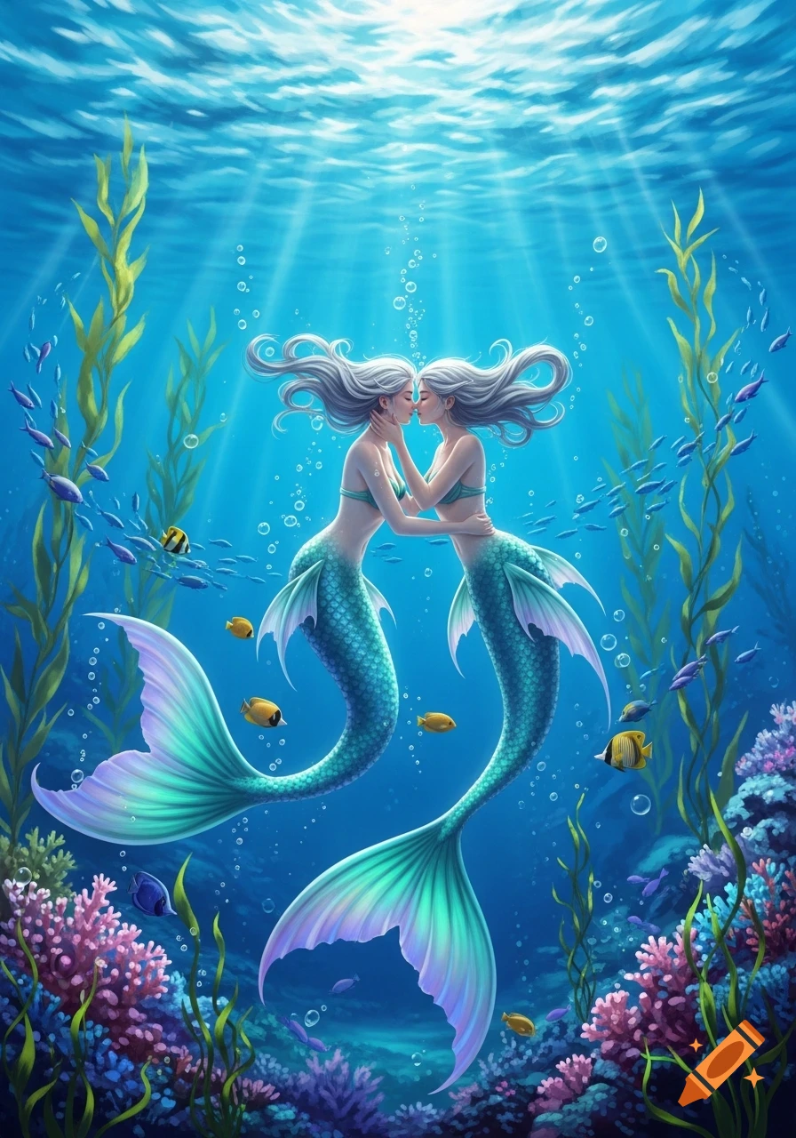 Two mermaids with long white hair and blue-green tails embrace and kiss underwater amidst colorful coral, fish, and sunlit water.