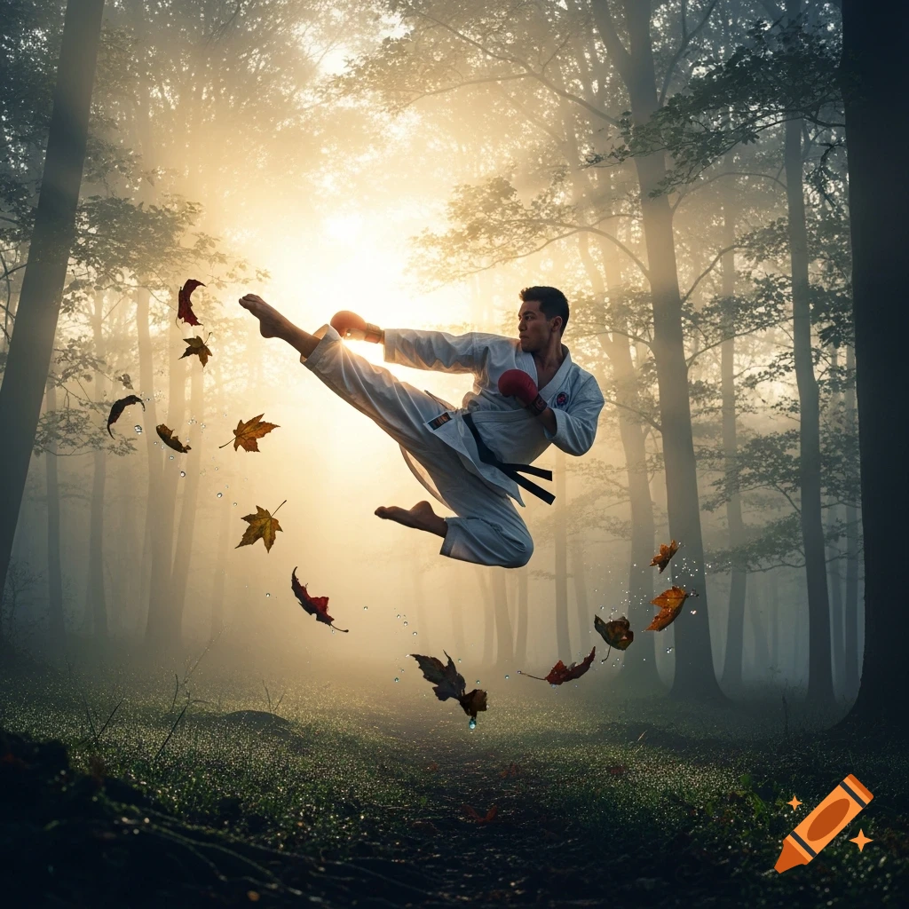 A person in a white karate gi performs a flying kick amidst autumn leaves and dewdrops in a misty, sunlit forest.