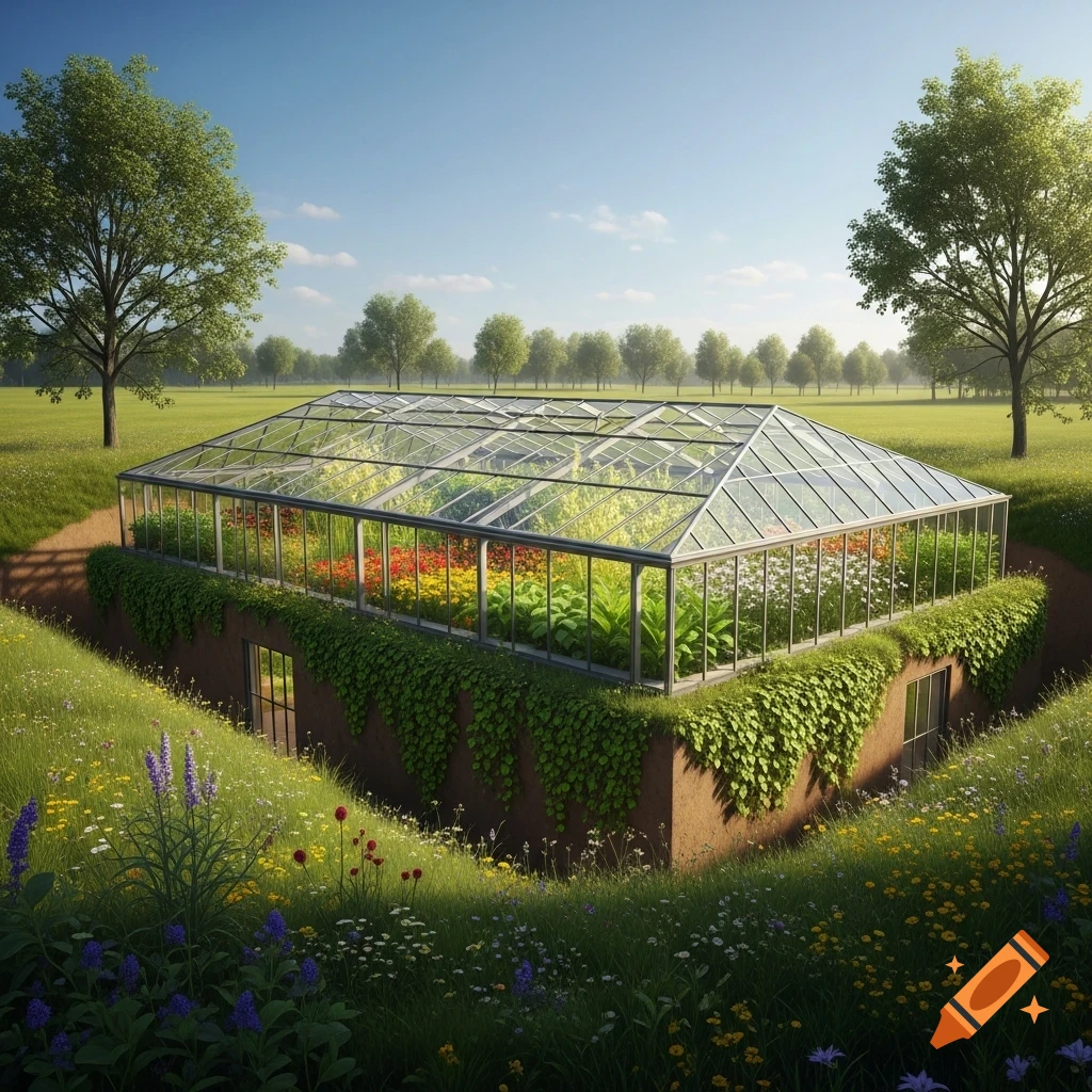 A modern, partially underground glass greenhouse filled with diverse colorful plants, set in a sunny, expansive green field with scattered wildflowers and trees.