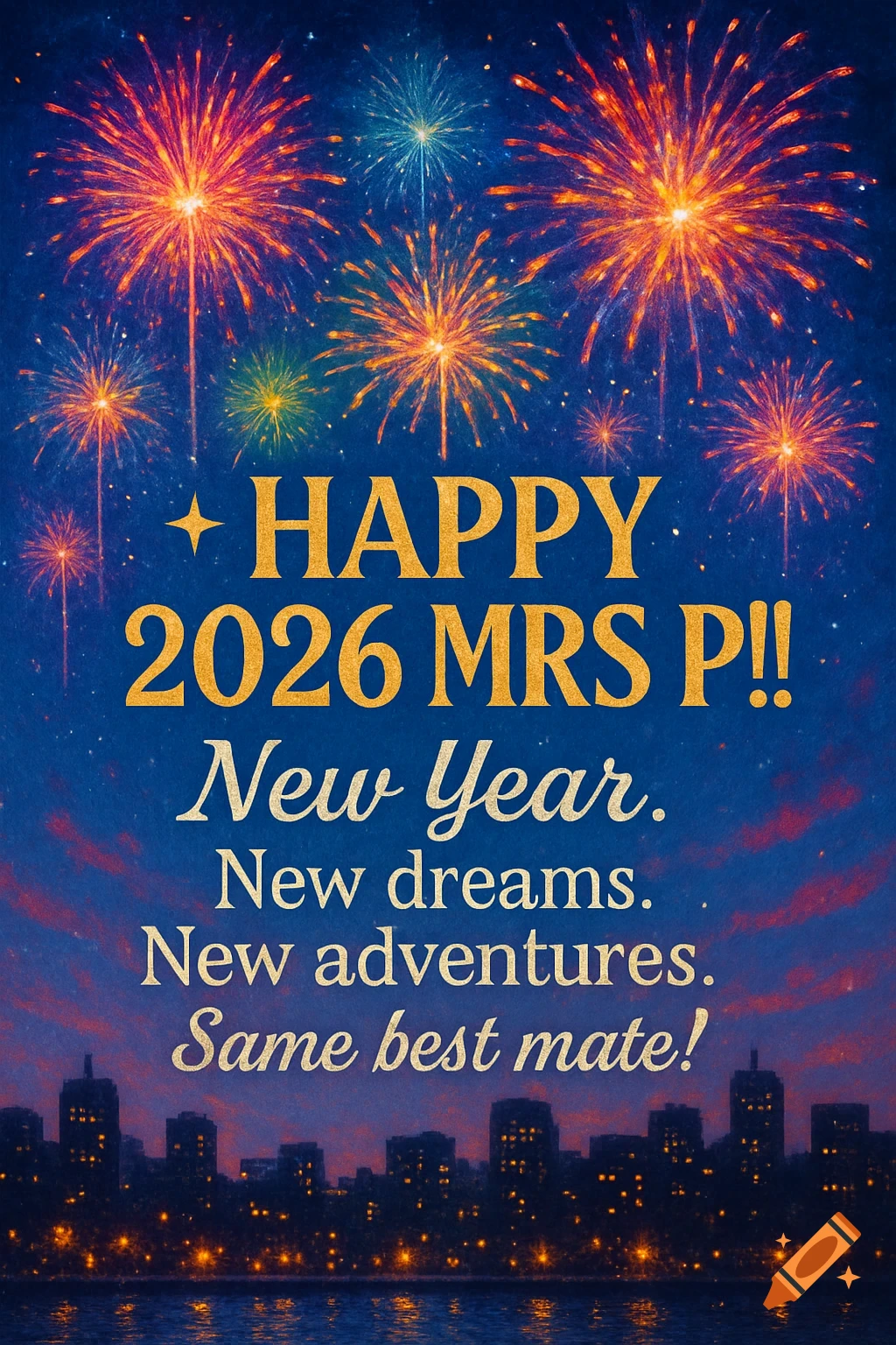 New Year's greeting card with bright fireworks exploding over a city skyline and water, with text: "HAPPY 2026 MRS P!! New Year. New dreams. New adventures. Same best mate!"