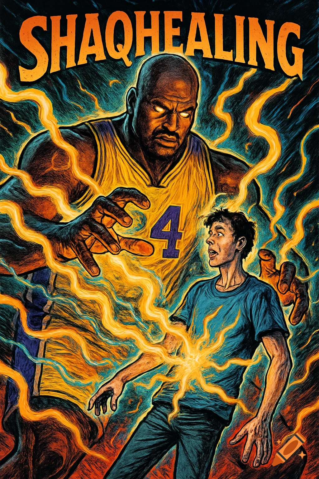 Comic book art of a large, glowing basketball player healing a smaller man with mystic energy, 'SHAQHEALING' at top.