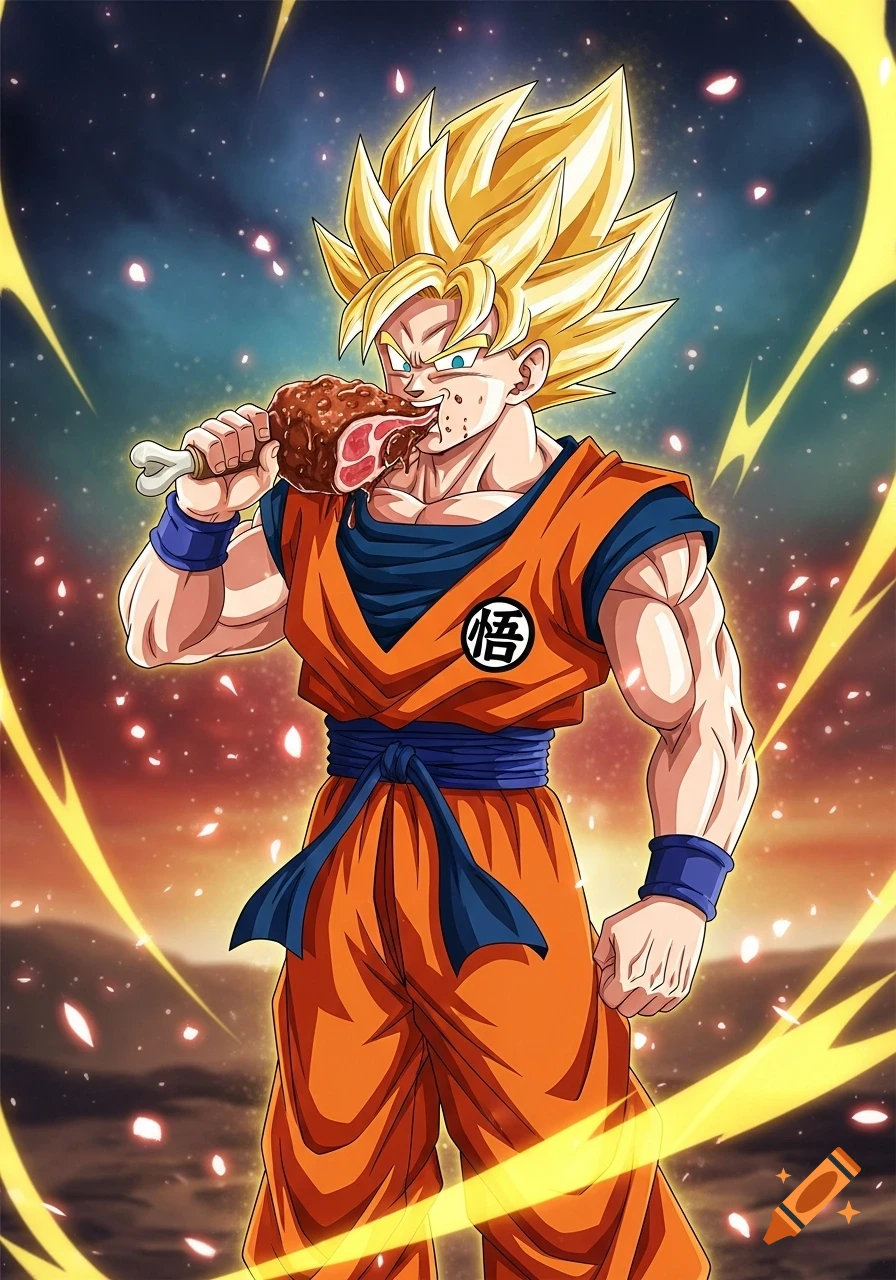 Goku, a muscular anime character with spiky blond hair, in a Dragon Ball Z style, devouring a large meat meal against a dynamic cosmic background.