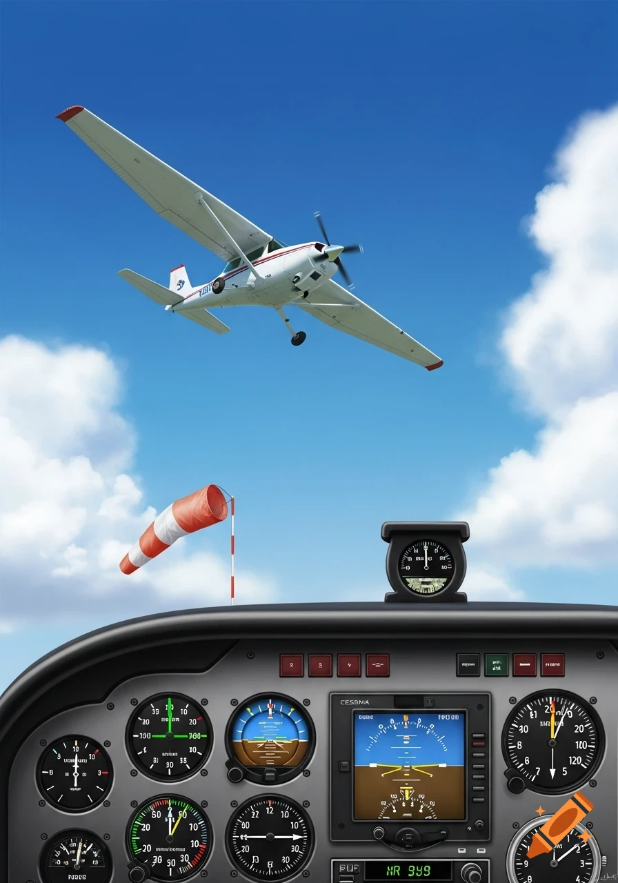 A white Cessna airplane flies in a blue sky with clouds, seen from a cockpit showing dials, screens, and a windsock.