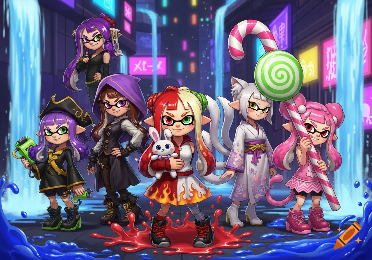 Seven colorful Splatoon-like characters in diverse costumes stand on ink-splattered ground against a cyberpunk city with neon signs and waterfalls.