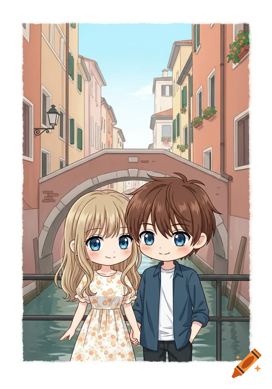 A cute chibi anime couple, a blonde girl and a brown-haired boy, holding hands in a warm-toned European canal alley with buildings and a bridge.
